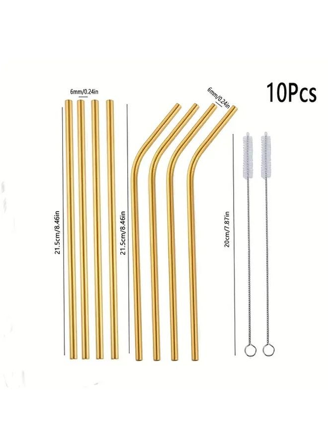 Golden 304 Stainless Steel Straws Set 8 Reusable Straws 4 Straight 4 Bent 2 Cleaning Brushes - Image 2
